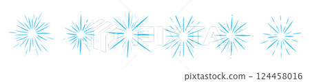 Blue Radiant sunburst with abstract rays and starburst lines. Circular radial light elements. Flat vector illustration isolated on white background. Blue Radiant sunburst with abstract rays and starburst lines. Circular radial light elements. Flat vector illustration isolated on white background. 124458016