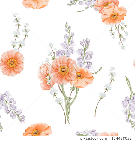 Seamless Pattern with Iceland Poppy, Freesia and Snow Willow Branches. Hand drawn Watercolor Illustration of Spring Wildflowers. For fabric or textile prints, gift packaging paper. Seamless Pattern with Iceland Poppy, Freesia and Snow Willow Branches. Hand drawn Watercolor Illustration of Spring Wildflowers. For fabric or textile prints, gift packaging paper. 124458032