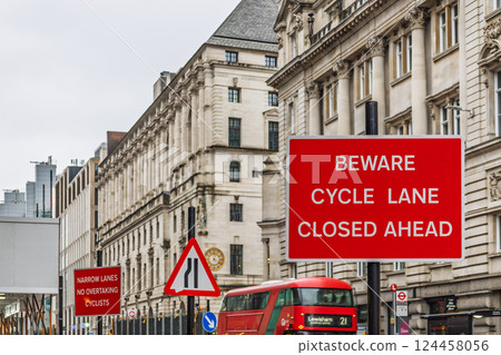 Beware Cycle Lane Closed Ahead Sign on Busy London Street 124458056