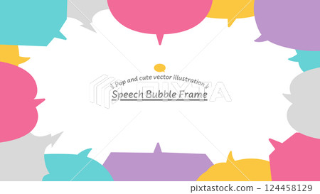 16:9 horizontal frame background material surrounded by many speech bubbles. Vector data with editable speech bubble position 124458129