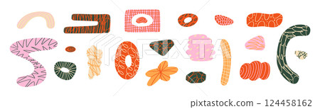 Abstract paper cutout shapes, organic geometric figures inspired, colorful summer texture, creative kid friendly design. Flat vector illustration isolated on white background. Abstract paper cutout shapes, organic geometric figures inspired, colorful summer texture, creative kid friendly design. Flat vector illustration isolated on white background. 124458162