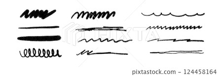 Hand-drawn scribble texture with crayon, pencil, and charcoal strokes. Chalk doodle effect, rough sketch marks and paint brush lines. Flat vector illustration isolated on white background. 124458164