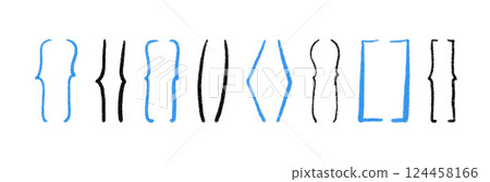 Hand-drawn curly brackets and parenthesis symbols. Typography icons doodle, square braces, text frames and punctuation figures. Flat vector illustration isolated on white background. Hand-drawn curly brackets and parenthesis symbols. Typography icons doodle, square braces, text frames and punctuation figures. Flat vector illustration isolated on white background. 124458166