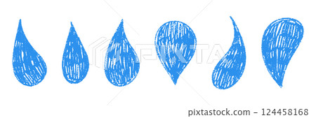 Blue water splash and liquid puddle with raindrop shapes. Fluid drip elements and paint wave textures. Flat vector illustration isolated on white background. 124458168