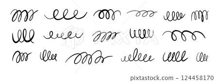 Flexible coil spring spiral. Thin wire curves in bouncing zigzag shapes. Flat vector illustration isolated on white background. Flexible coil spring spiral. Thin wire curves in bouncing zigzag shapes. Flat vector illustration isolated on white background. 124458170