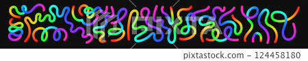 Abstract wavy lines with colorful gradient ribbon shapes, organic squiggle pattern, playful doodle elements in a 3D rainbow design. Flat vector illustration isolated on white background. Abstract wavy lines with colorful gradient ribbon shapes, organic squiggle pattern, playful doodle elements in a 3D rainbow design. Flat vector illustration isolated on white background. 124458180