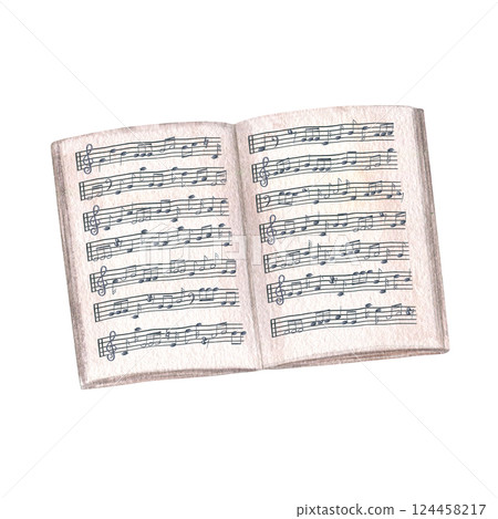 Open music notebook with staff and notes watercolor illustration isolated background. Music paper of book with note stave grid. Lined page template for composers, educators, and songwriters. 124458217