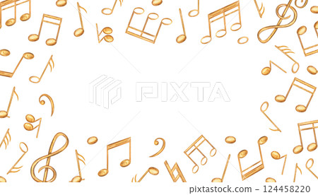 Gold music notes horizonal frame with copy space for text. Golden sound symbols watercolor illustration isolated background. Audio element rectangle border for school design, invitation, greeting card Gold music notes horizonal frame with copy space for text. Golden sound symbols watercolor illustration isolated background. Audio element rectangle border for school design, invitation, greeting card 124458220
