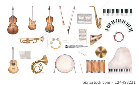 Watercolor musical percussion, string and wind instruments clip art illustration isolated background. Drum, double bass, guitar, saxophone, piano, music notebook, tambourine, French horn, and violin 124458221