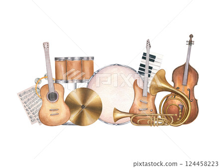 Musical instruments group watercolor illustration isolated background. Guitar, double bass, French horn, drum, piano and note page composition. For tutorials, festival posters. Jazz classical fusion 124458223