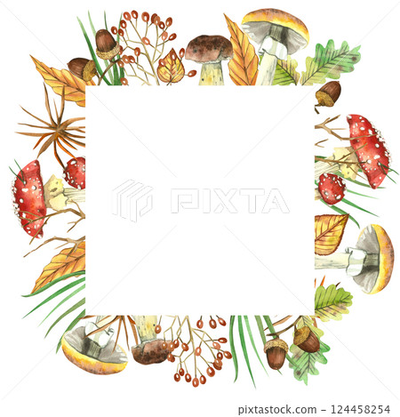 Square frame of forest mushrooms. Fly agarics, birch boletes, porcini mushrooms, acorns, oak leaves, pine needles, berries. All objects are hand-painted with watercolors. For printing on paper. Square frame of forest mushrooms. Fly agarics, birch boletes, porcini mushrooms, acorns, oak leaves, pine needles, berries. All objects are hand-painted with watercolors. For printing on paper. 124458254