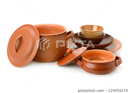 Set clay utensils isolated on white 124458274