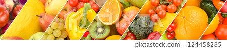 A set of fruits and vegetables. Bright background. 124458285