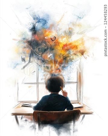 Child sitting at desk with colorful chaotic thoughts Child sitting at desk with colorful chaotic thoughts 124458293