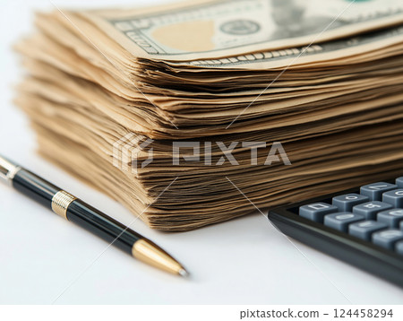 Stack of cash bills with pen and calculator 124458294