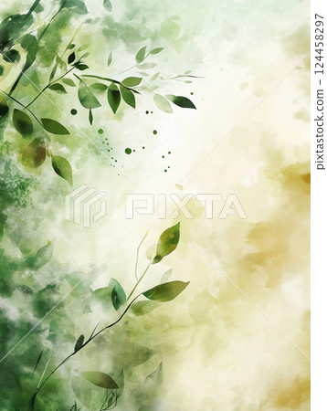 Subtle watercolor spring background with soft green foliage 124458297