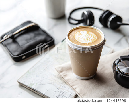 Cup of coffee with latte art next to a map, headphones 124458298