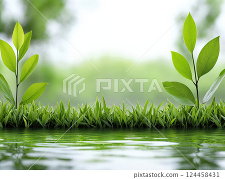 Fresh green plants and grass growing by calm water surface in serene natural environment, reflecting tranquility and growth 124458431