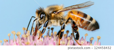 close up of honeybee collecting nectar from pink flower, showcasing its detailed body structure and delicate wings in natural environment 124458432