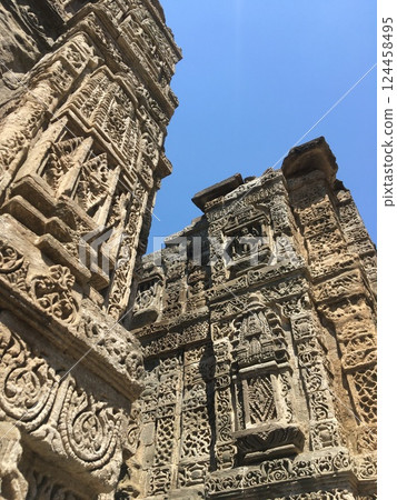 Stone carving of an ancient hindu temple in Kangra fort, Himachal Pradesh, India. 124458495