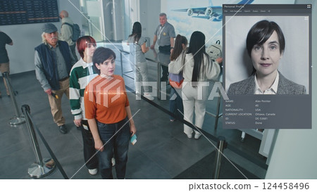 Queue of Diverse People Passing Biometric AI Face Scanning at Border Control in Airport Terminal Queue of Diverse People Passing Biometric AI Face Scanning at Border Control in Airport Terminal 124458496
