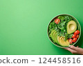 Fresh salad bowl with mixed greens, avocado, and cherry tomatoes for healthy eating 124458516