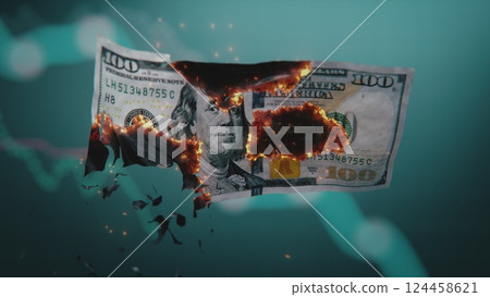 3D Animation of Burning Hundred Dollar Banknote and Diagrams 124458621