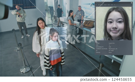 Airport Security Checkpoint: Surveillance Camera with AI Biometric Facial Recognition of Passengers 124458655