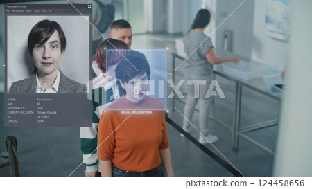 Airport Checkpoint: Multiethnic Passengers Passing AI Biometric Facial Recognition for Boarding Flight Airport Checkpoint: Multiethnic Passengers Passing AI Biometric Facial Recognition for Boarding Flight 124458656