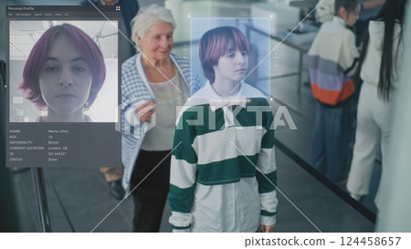 Diverse Passengers Passing Biometric AI Face Scanning at Border Control for Boarding Flight Diverse Passengers Passing Biometric AI Face Scanning at Border Control for Boarding Flight 124458657