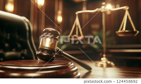 Elegant courtroom interior featuring gavel and scales of justice in richly decorated setting 124458692