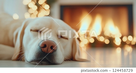 Adorable dog relaxing in front of a decorated fireplace with a festive glow during the winter season 124458729