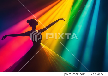 A glowing disco ball woman dances joyfully under a spotlight with beams of rainbow-colored lights in a dark atmosphere 124458770