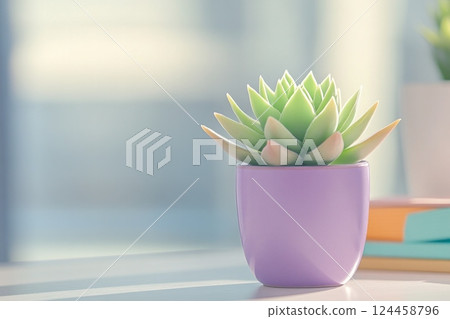 A bright modern workspace featuring a green succulent in a purple pot with colorful stationery and natural light 124458796