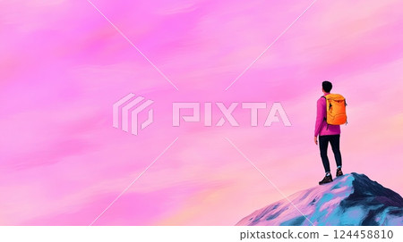 Hiker with orange backpack climbing rocky mountain under pastel pink skies at sunset 124458810