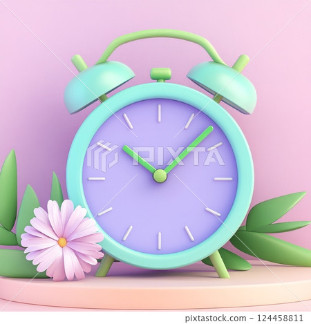 Colorful alarm clock with turquoise body and playful design set against a pastel background for a cheerful ambiance 124458811