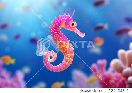 Vibrant bioluminescent seahorse illuminated in a colorful coral reef among lively fish in serene ocean water 124458843