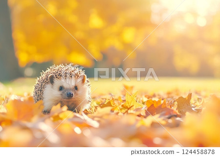 A hedgehog exploring a garden blanketed with vibrant autumn leaves under soft sunlight 124458878