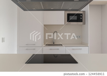 Minimalist kitchen with sleek white cabinetry, black stovetop, and built-in appliances 124458911
