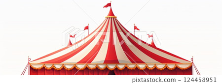 An aerial view of red and white circus tents with crowns 124458951