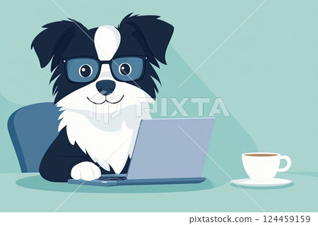 Serious Border Collie wears glasses while typing emails at a desk with a laptop and a cup of tea 124459159