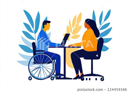Diverse professionals collaborating in an inclusive office environment with accessible workspace for all abilities 124459166