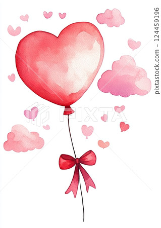 Whimsical heart-shaped balloon floating joyfully in a sky filled with fluffy pink clouds and a playful red ribbon Whimsical heart-shaped balloon floating joyfully in a sky filled with fluffy pink clouds and a playful red ribbon 124459196