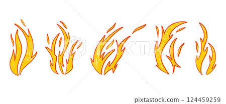 Hand-drawn bonfire with doodle flames and smoke. Retro campfire silhouette in vintage tattoo style. Flat vector illustration isolated on white background. Hand-drawn bonfire with doodle flames and smoke. Retro campfire silhouette in vintage tattoo style. Flat vector illustration isolated on white background. 124459259