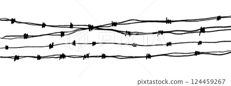 Barbed wire fence silhouette, military trench border wall. Battlefield barrier, prison or jail security element. Army defense vector illustration isolated on white background. Barbed wire fence silhouette, military trench border wall. Battlefield barrier, prison or jail security element. Army defense vector illustration isolated on white background. 124459267