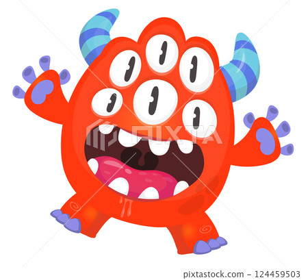 Cartoon cute monster with funny excited face expression waving hands . Vector illustration isolated on white. Halloween design Cartoon cute monster with funny excited face expression waving hands . Vector illustration isolated on white. Halloween design 124459503