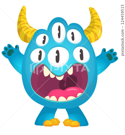 Cartoon cute monster with funny excited face expression waving hands . Vector illustration isolated on white. Halloween design 124459515