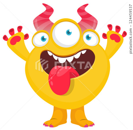 Cartoon happy monster with long tongue sticking out of mouth. Vector illustration isolated on white. Character For Halloween party or package design. Cartoon happy monster with long tongue sticking out of mouth. Vector illustration isolated on white. Character For Halloween party or package design. 124459537