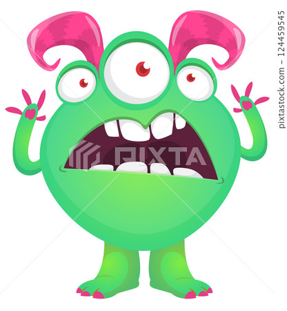 Cartoon cute monster with funny excited face expression waving hands . Vector illustration isolated on white. Halloween design Cartoon cute monster with funny excited face expression waving hands . Vector illustration isolated on white. Halloween design 124459545