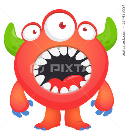 Cartoon cute monster with funny excited face expression waving hands . Vector illustration isolated on white. Halloween design 124459554
